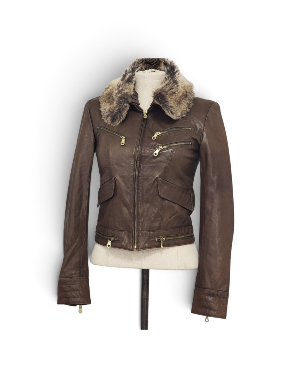 Truth + Pride Brown Genuine Leather Moto Jacket  Detachable Faux Fur Collar Sz S